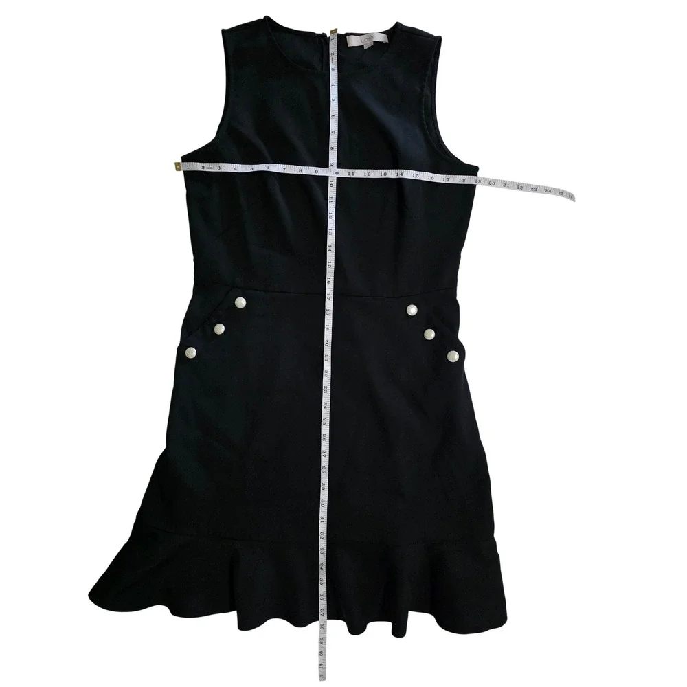 LOFT Women Black Sleeveless Ruffle Hem Pearl Button Sheath Dress Size 10